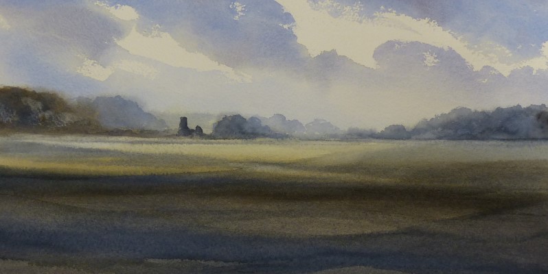 watercolour painting of fields near Kings Lynn